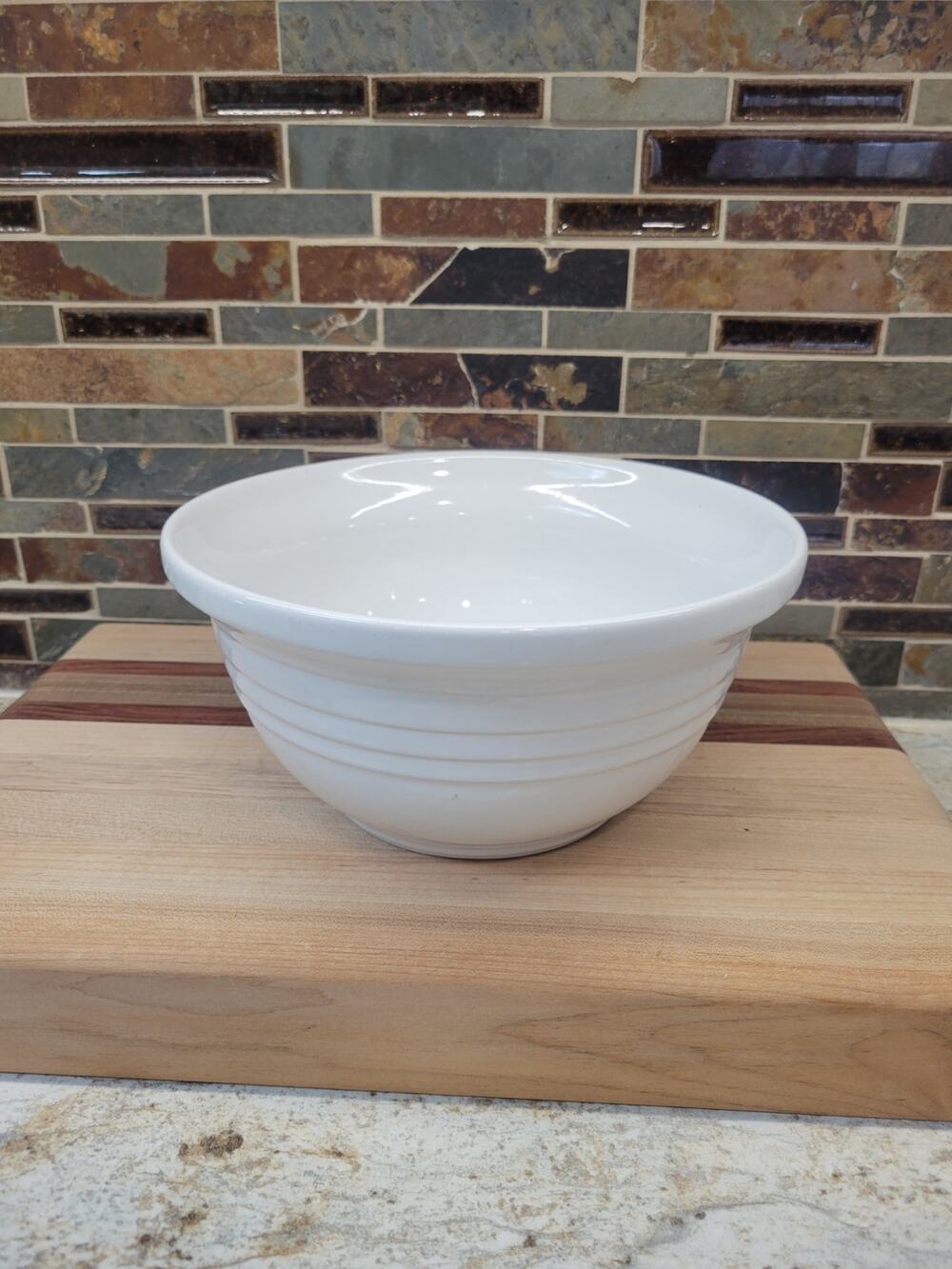 Vintage Over and Back OB3 White Ribbed Stoneware Mixing Bowl